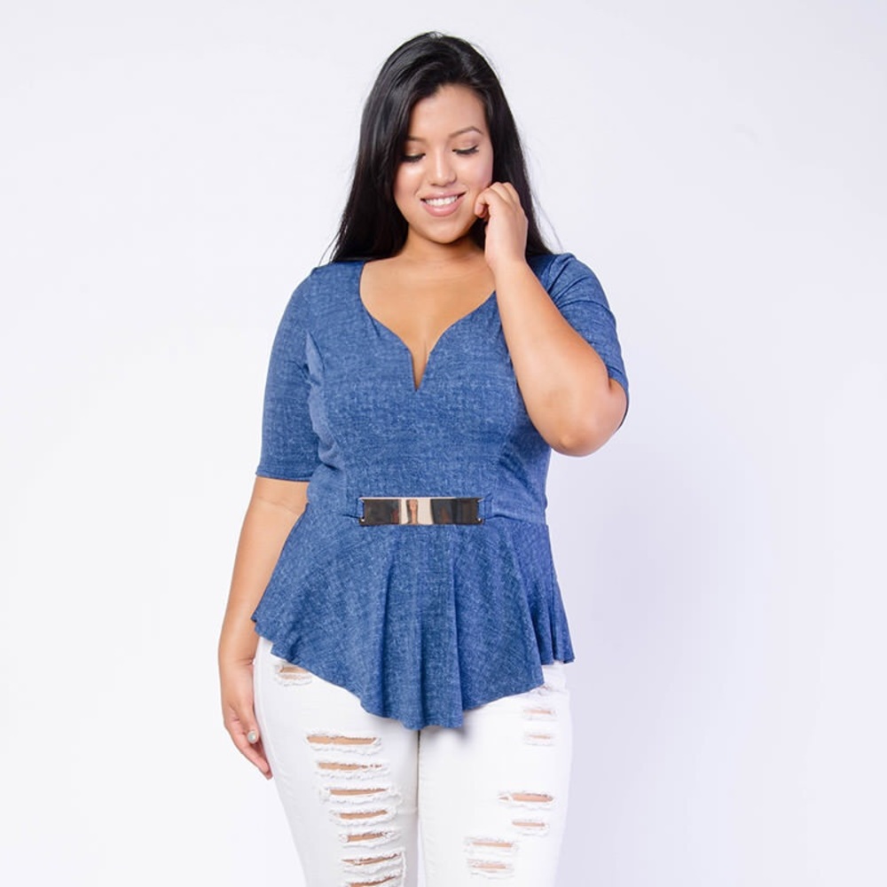 Blue Deep V Buckle Blouse
